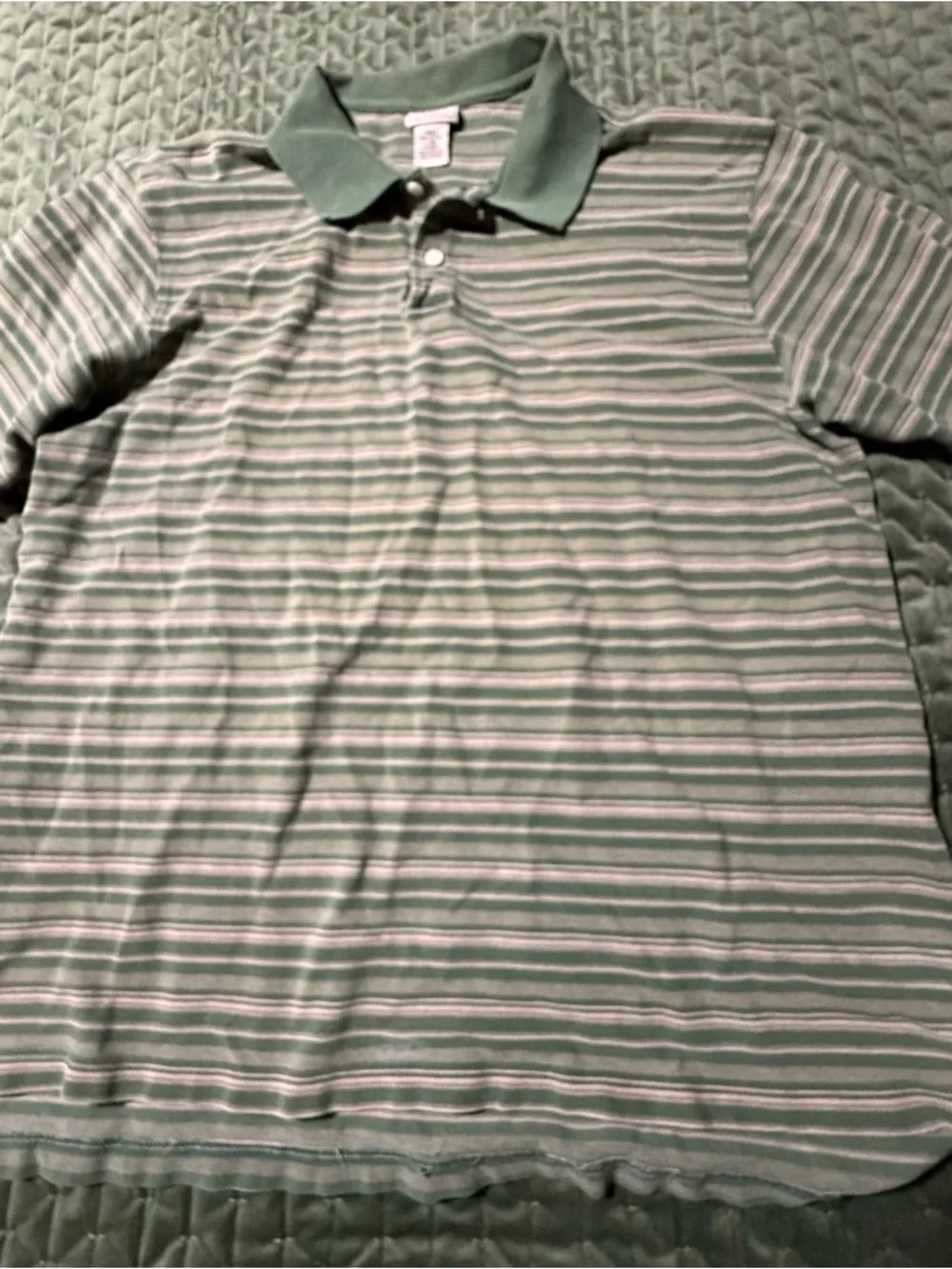 L.L. Bean striped polo shirt short-sleeved green, white, tan‎ 100% cotton, large